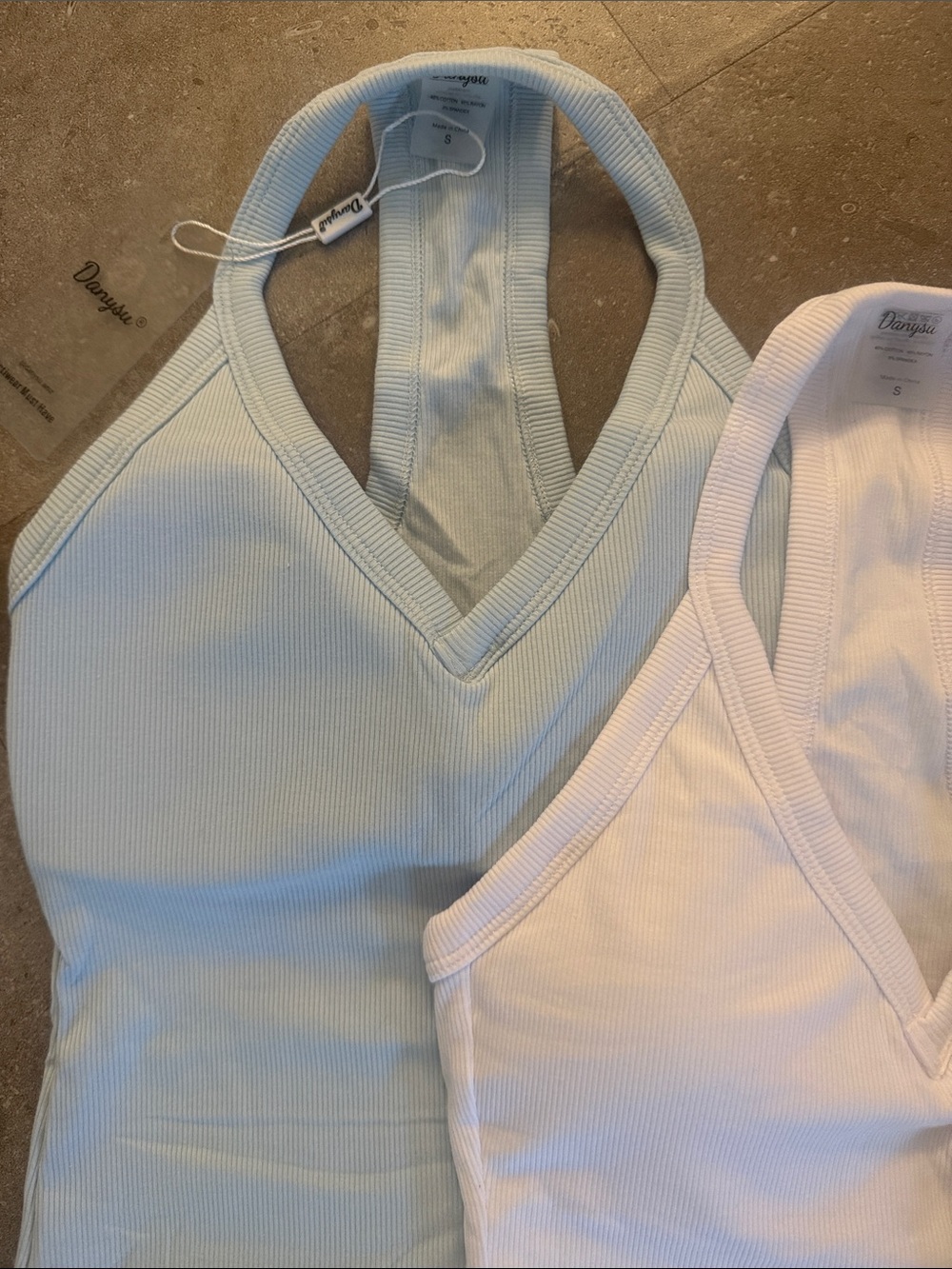 Set of 3 Ribbed V-Neck Racerback Tank - White, Light Blue, Taupe Sz Sm - Picture 2 of 8